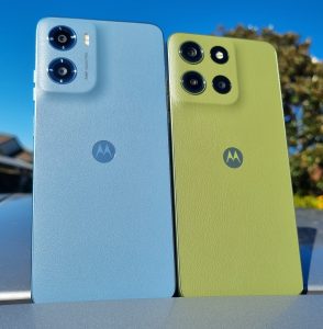 Motorola Moto G05 and Moto G15 side-by-side showing the vegan leather and cameras