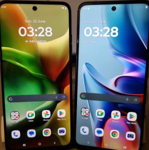 Motorola Moto G15 and Moto G05 side-by-side with the screens on showing resolution